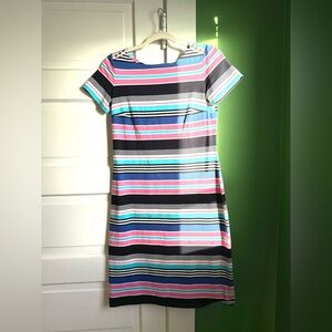 Talbots Striped Midi Dress in Coral Pink, Blue, and Black